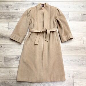 Anne Klein Vintage Melton Wool Wrap Coat Camel Tan Tie Waist Womens 10 Old Money